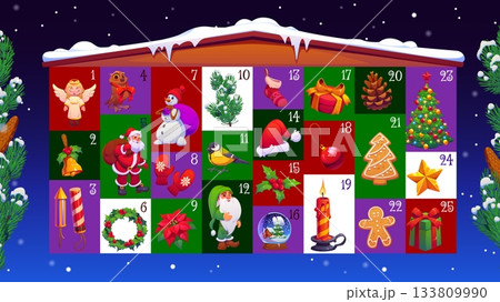 Christmas advent calendar of Xmas holiday characters and gifts house vector template. Cartoon Christmas advent countdown calendar with cute Santa, snowman, Xmas tree, presents, sock and wreath 133809990