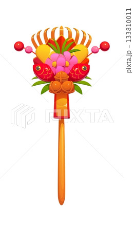 Cartoon Japanese kumade lucky rake decoration with fish, flowers, bamboo and bright festive elements. Vector holiday charm, traditional new year ornament symbolizing prosperity and fortune in Japan 133810011