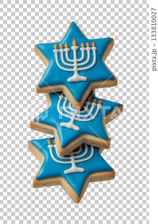 Festive blue and white hanukkah cookies in stack, featuring judaic symbols like the menorah for the festival of lights 133810027