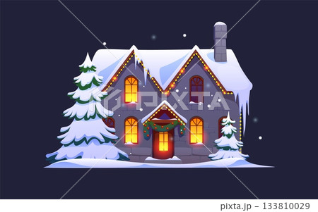 Christmas winter village house, vector snowy cottage with glowing windows and festive garlands, stone facade, chimney, icicles and pine trees around. Traditional holiday night scene with festive home Christmas winter village house, vector snowy cottage with glowing windows and festive garlands, stone facade, chimney, icicles and pine trees around. Traditional holiday night scene with festive home 133810029