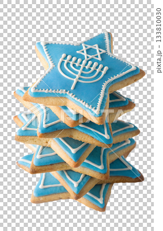 Delicious stack of hanukkah star-shaped sugar cookies decorated with menorah and star of david, sweet traditional holiday treat Delicious stack of hanukkah star-shaped sugar cookies decorated with menorah and star of david, sweet traditional holiday treat 133810030