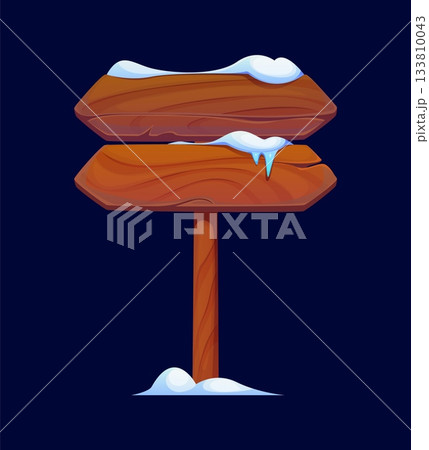 Winter Christmas wooden sign board with snow. Isolated cartoon vector directional signboard or North Pole road billboard with two wood planks and rustic texture, attached to vertical post in snowdrift 133810043