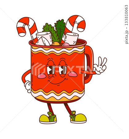 Groovy Christmas hot chocolate character with marshmallow and candy cane. Retro cartoon mascot with comic 70s vibe. Funky vector winter drink for merry xmas party 133810063