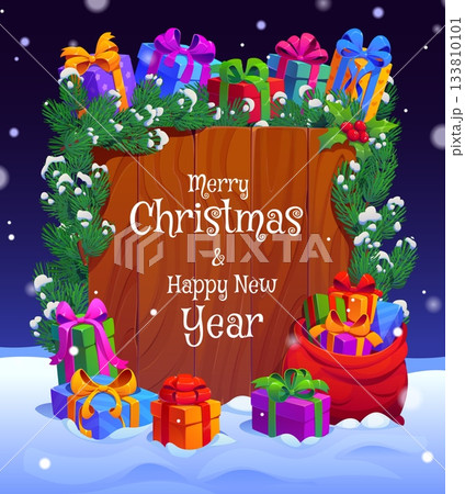 Christmas greeting card with wooden plank and gifts on the snow. Vector Xmas winter holiday wood sign board in frame of Christmas pine tree garland with gifts and holly branches covered with snow Christmas greeting card with wooden plank and gifts on the snow. Vector Xmas winter holiday wood sign board in frame of Christmas pine tree garland with gifts and holly branches covered with snow 133810101