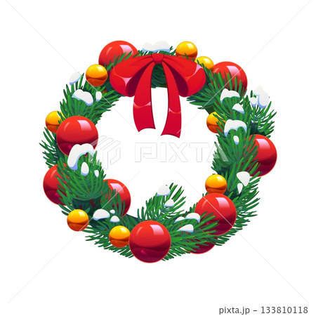 Cartoon Christmas wreath ornament for winter holiday, vector decoration. Advent wreath of fir or pine tree branches with baubles, snow and red ribbon for New Year and Christmas holiday decoration Cartoon Christmas wreath ornament for winter holiday, vector decoration. Advent wreath of fir or pine tree branches with baubles, snow and red ribbon for New Year and Christmas holiday decoration 133810118