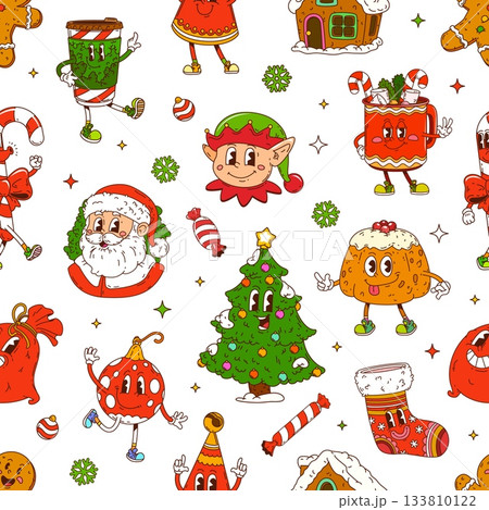 Christmas holiday groovy characters seamless pattern background. Cartoon cute Xmas tree, Santa and elf characters, retro groovy Christmas stocking, coffee cup and cookie personages seamless pattern Christmas holiday groovy characters seamless pattern background. Cartoon cute Xmas tree, Santa and elf characters, retro groovy Christmas stocking, coffee cup and cookie personages seamless pattern 133810122