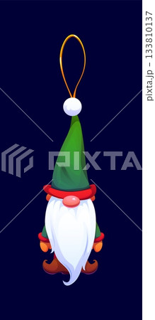 Cartoon Christmas tree decoration of elf gnome for Xmas tree, vector icon. Christmas ornament and New Year winter holiday decoration of magic elf gnome with beard, hat cap and pompom for New Year 133810137