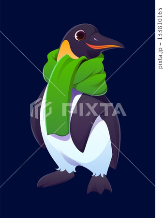 Christmas penguin or cartoon animal character for winter holiday, vector personage. Funny penguin in green scarf with happy face for Christmas greeting, New Year and Xmas celebration 133810165