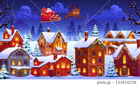 Cartoon Santa on sleigh flying above Christmas town. Xmas winter holiday night vector banner of Christmas town street snowy landscape with cozy houses and pine trees, reindeer sleigh, Santa and gifts 133810256