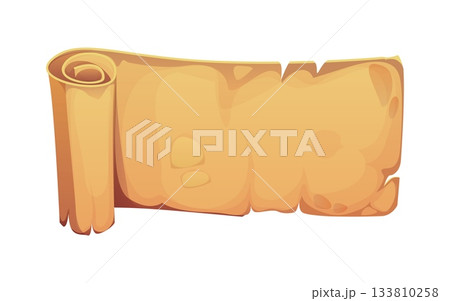 Cartoon ancient manuscript, vintage paper map. Medieval document, old paper isolated vector map. Cartoon antique papyrus scroll with rolled corners or ancient parchment manuscript with worn edges 133810258