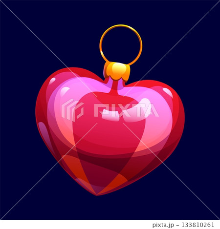 Cartoon Christmas red heart bauble, xmas tree decoration, glossy ornament. Vector isolated, winter xmas decor with bright color glow, cute holiday toy, classic shape for merry celebration and New Year Cartoon Christmas red heart bauble, xmas tree decoration, glossy ornament. Vector isolated, winter xmas decor with bright color glow, cute holiday toy, classic shape for merry celebration and New Year 133810261