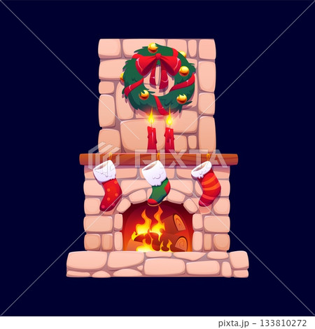 Cartoon Christmas fireplace with warm fire inside the stone furnace, hanging stocking on the shelf and glowing wreath above. Cozy retro vector xmas room interior with candles, traditional winter home Cartoon Christmas fireplace with warm fire inside the stone furnace, hanging stocking on the shelf and glowing wreath above. Cozy retro vector xmas room interior with candles, traditional winter home 133810272