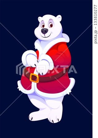 Cartoon polar bear or animal Santa character for Christmas and New Year winter holiday, vector personage. Funny polar bear in Santa red mantle gown with happy face and smile for Christmas greeting Cartoon polar bear or animal Santa character for Christmas and New Year winter holiday, vector personage. Funny polar bear in Santa red mantle gown with happy face and smile for Christmas greeting 133810277