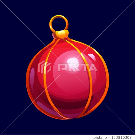 Cartoon red Christmas tree ball decoration with golden ornament. Vector isolated glossy bauble for winter holiday xmas decorating. Retro toy with shiny surface, merry season celebration shape decor Cartoon red Christmas tree ball decoration with golden ornament. Vector isolated glossy bauble for winter holiday xmas decorating. Retro toy with shiny surface, merry season celebration shape decor 133810308