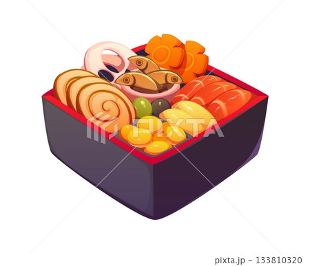 Cartoon Japanese New year osechi ryori bento box featuring neatly arranged food like lotus root, fish, tamagoyaki and vegetables. Vector traditional Asian culinary meal, symbol of Japan tradition Cartoon Japanese New year osechi ryori bento box featuring neatly arranged food like lotus root, fish, tamagoyaki and vegetables. Vector traditional Asian culinary meal, symbol of Japan tradition 133810320