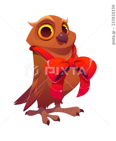 Christmas owl or cartoon bird character for Xmas winter holiday, vector personage. Funny owl with happy face and red ribbon decoration as bow tie for Christmas greeting and New Year animal character 133810330