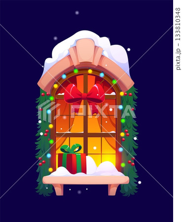Cartoon Christmas window with snow, red bow, garlands, evergreen branches and gift box on the sill. Vector cozy seasonal home scene. Warm glowing interior and exterior with festive xmas decoration Cartoon Christmas window with snow, red bow, garlands, evergreen branches and gift box on the sill. Vector cozy seasonal home scene. Warm glowing interior and exterior with festive xmas decoration 133810348