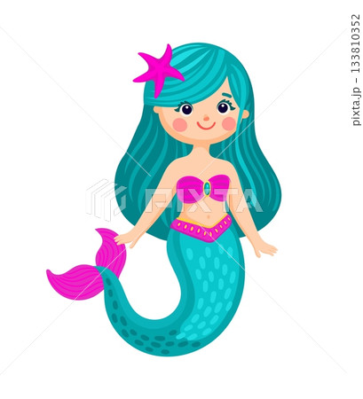 Underwater little mermaid princess cartoon happy character. Fairytale sea princess cute mascot, fantasy underwater girl vector character. Ocean mermaid personage with turquoise hair, pink tail and bra 133810352