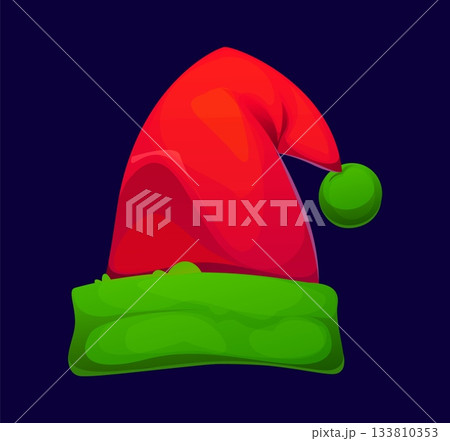 Elf hat for Christmas winter holiday or gnome cap with pompom, vector cartoon icon. Xmas and New Year red hat with green fur pompon for party costume garment of elf gnome and winter holiday greeting 133810353