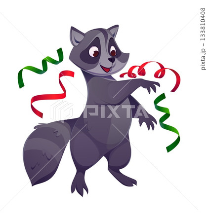 Christmas raccoon or cartoon animal character for Xmas winter holiday, vector personage. Funny raccoon with happy face playing confetti tinsel for Christmas greeting and New Year animal character Christmas raccoon or cartoon animal character for Xmas winter holiday, vector personage. Funny raccoon with happy face playing confetti tinsel for Christmas greeting and New Year animal character 133810408