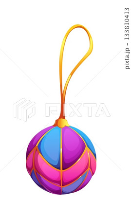 Cartoon Japanese Kimekomi ball, bright sphere with decorative embroidery stitched patterns. Traditional New Year ornament with hanging loop. Vector festive Asian Christmas toy, textile decoration Cartoon Japanese Kimekomi ball, bright sphere with decorative embroidery stitched patterns. Traditional New Year ornament with hanging loop. Vector festive Asian Christmas toy, textile decoration 133810413