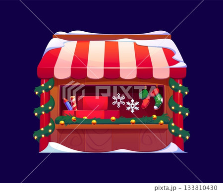 Christmas market stall with striped awning, stockings, petards and garland. Cozy winter fair booth. Cartoon vector holiday market store or shop glowing with festive lights for seasonal celebration Christmas market stall with striped awning, stockings, petards and garland. Cozy winter fair booth. Cartoon vector holiday market store or shop glowing with festive lights for seasonal celebration 133810430