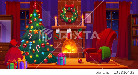 Christmas fireplace interior of living room at Xmas winter holiday night, vector background. Cartoon cozy home fireplace with wreath and gift stockings, Christmas tree with balls, lights and presents 133810435