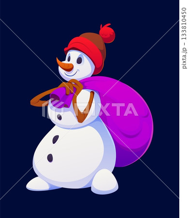 Cartoon Christmas snowman character for winter holiday with gifts bag, vector personage. Funny snowman in knitted hat and carrying sack of New Year presents for kids Christmas holiday character 133810450