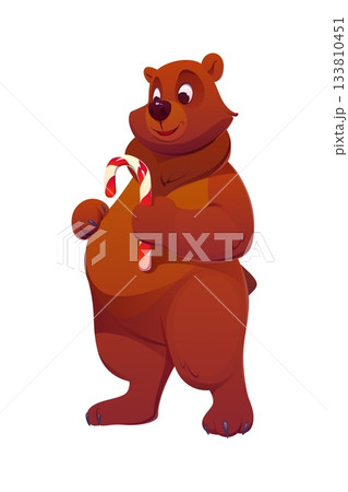 Christmas bear or cartoon animal character for Xmas winter holiday, vector personage. Funny bear with happy smile on face and candy cane sweets for Christmas greeting and New Year animal character 133810451