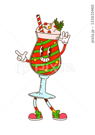 Groovy Christmas cocktail character with stripes and whipped cream. Funky vector drink mascot with red green layers and fir branches. Cute funny personage for winter party sticker and cozy xmas menu 133810460