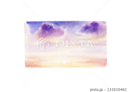 Vibrant sunset sky with a setting sun,orange-lilac gradients and purple,pink clouds on the horizon.Hand drawn watercolor illustration painted in soft blends,serene scene for travel blogs,backgrounds 133810462
