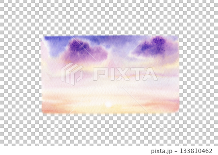 Vibrant sunset sky with a setting sun,orange-lilac gradients and purple,pink clouds on the horizon.Hand drawn watercolor illustration painted in soft blends,serene scene for travel blogs,backgrounds 133810462