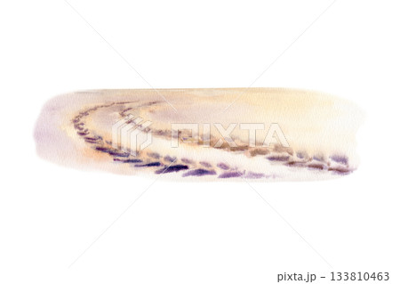 Tracks scar the pristine sand at sunset,stark arc of human impact on nature.Hand drawn watercolor scene,serves as powerful imagery for eco-campaigns,environmental blogs,conservation nature 133810463