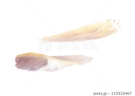 Golden sunset illuminates rolling sand dunes,with a wave of fine dust lifted by the wind.Hand drawn atmospheric watercolor scene blends soft gradients and texture for travel themes,desert blogs 133810467