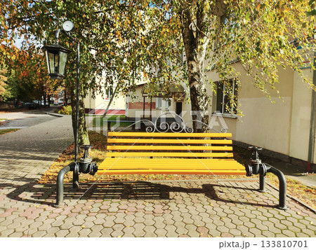 Yellow park bench with decorative metalwork next to a street lamp featuring a clock, under a birch tree with autumn leaves on a sunny day in an urban setting Yellow park bench with decorative metalwork next to a street lamp featuring a clock, under a birch tree with autumn leaves on a sunny day in an urban setting 133810701