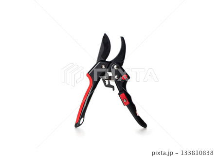 High-quality garden shears ready for precise trimming and cutting tasks in outdoor spaces, isolate. White background High-quality garden shears ready for precise trimming and cutting tasks in outdoor spaces, isolate. White background 133810838