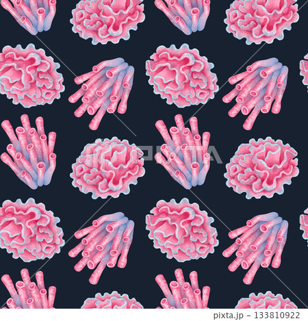 Seamless watercolor marine pattern with elements of a pink coral reef. Stylized underwater animals. Hand drawn isolated illustration. Image for natural designs, fabrics, textiles and packaging. 133810922