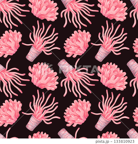 Peachy sea anemones and bushy corals. Seamless pattern with marine animals on a dark background. Watercolor illustration. Hand drawn isolated image. Design for nature, fabric and textile themes. 133810923