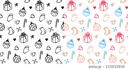 Winter holiday seamless pattern. Outline isolated Christmas element, free hand drawn doodle cartoon style. Black or Colourful marker texture brush stroke, white background. Cute vector illustration Winter holiday seamless pattern. Outline isolated Christmas element, free hand drawn doodle cartoon style. Black or Colourful marker texture brush stroke, white background. Cute vector illustration 133810930