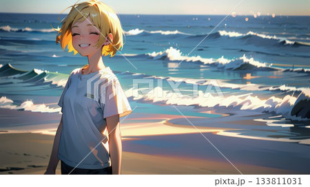 夕暮れの波打ち際に立つ女性 133811031