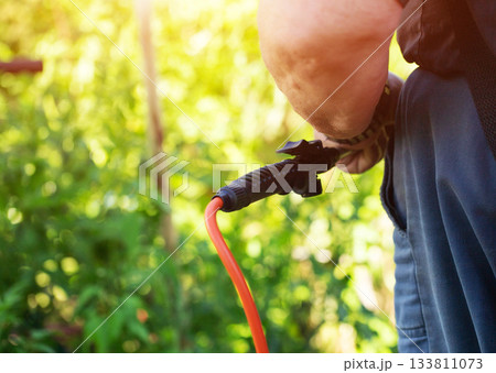 Sprayer handle in a man's hand against the background of sunny plants in a summer house. Concept of plant treatment against pests, growth stimulation and feeding. Copy space for text 133811073