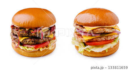 Two mouthwatering burgers are displayed side by side Two mouthwatering burgers are displayed side by side 133811659