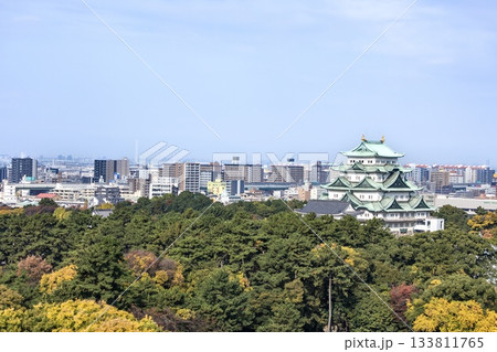 名古屋市、名古屋城の天守閣と周辺の街並み 133811765