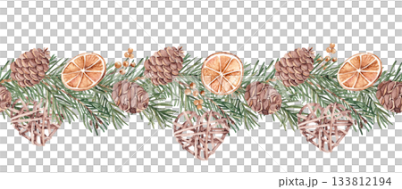 Pine or Fir Branches with cones Horizontal Watercolor Seamless border Pattern. Hand painted illustration of Winter forest plant with dried oranges slices and wicker toy. Can be used for fabric 133812194