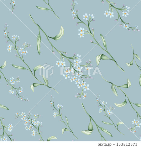 Watercolor seamless pattern with illustration green leaves and light blue forget-me-nots. Wildflowers herbs flowers. Wedding invites, fashion, prints, backgrounds. Mono floral pattern Watercolor seamless pattern with illustration green leaves and light blue forget-me-nots. Wildflowers herbs flowers. Wedding invites, fashion, prints, backgrounds. Mono floral pattern 133812373