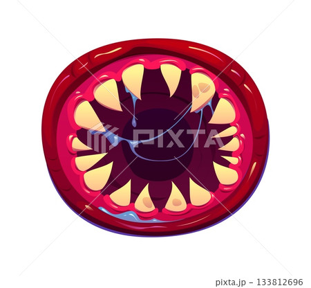 Cartoon Halloween monster jaw with open screaming mouth, dripping blue saliva, and sharp yellow fangs. Vector circular evil grin with glossy red gums and sticky drool threads. Scary Halloween mask Cartoon Halloween monster jaw with open screaming mouth, dripping blue saliva, and sharp yellow fangs. Vector circular evil grin with glossy red gums and sticky drool threads. Scary Halloween mask 133812696