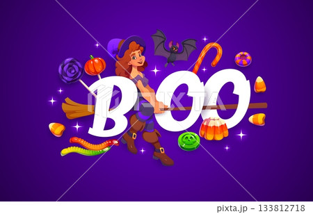 Halloween greeting vector card with boo quote, cartoon funny flying witch on broom, bat and scary holiday candies. Smiling young witch in a purple hat riding a broomstick for Halloween greeting card Halloween greeting vector card with boo quote, cartoon funny flying witch on broom, bat and scary holiday candies. Smiling young witch in a purple hat riding a broomstick for Halloween greeting card 133812718