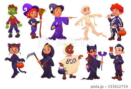 Cartoon Halloween kids vector characters. Funny children dressed in holiday party costumes as zombie, funny wizard. Egyptian mummy, skeleton, black cat, cute witch, spooky ghost, bat girl, vampire boy 133812719