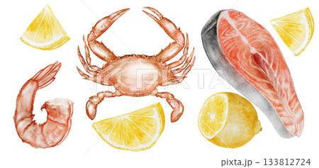 Seafood watercolor set. Hand-drawn crab, shrimp, and fish steak with lemons on a white background. Food clip art. Perfect for cookbook designs, blogs, and seafood stores. Seafood watercolor set. Hand-drawn crab, shrimp, and fish steak with lemons on a white background. Food clip art. Perfect for cookbook designs, blogs, and seafood stores. 133812724