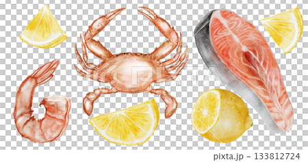 Seafood watercolor set. Hand-drawn crab, shrimp, and fish steak with lemons on a white background. Food clip art. Perfect for cookbook designs, blogs, and seafood stores. Seafood watercolor set. Hand-drawn crab, shrimp, and fish steak with lemons on a white background. Food clip art. Perfect for cookbook designs, blogs, and seafood stores. 133812724